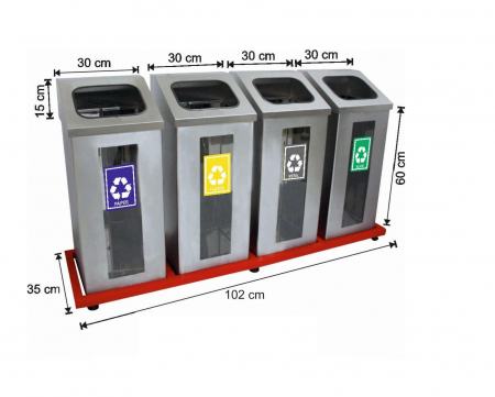 Seturi metalice - Set 4 cosuri colectare selectiva cu cadru metalic, inox, 216 L