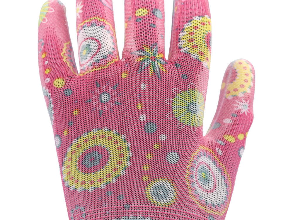 GARDEN POLYESTER GLOVES WITH PU PALM COATING WITH DARK ROSE FLOWERS PRINTING [6]