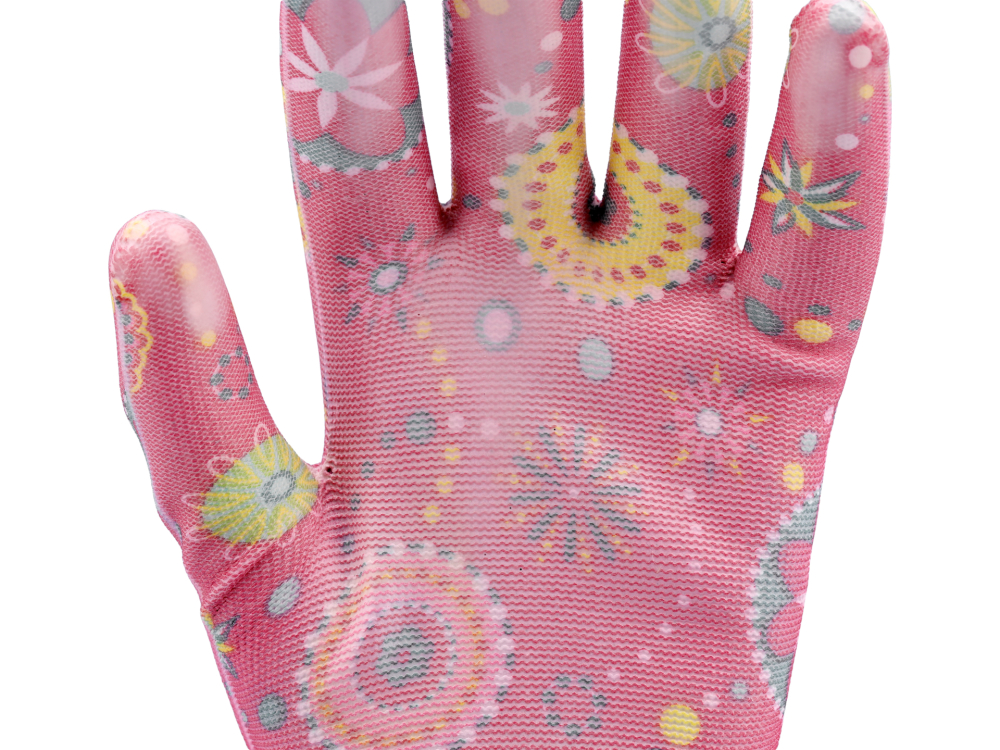 GARDEN POLYESTER GLOVES WITH PU PALM COATING WITH DARK ROSE FLOWERS PRINTING [5]