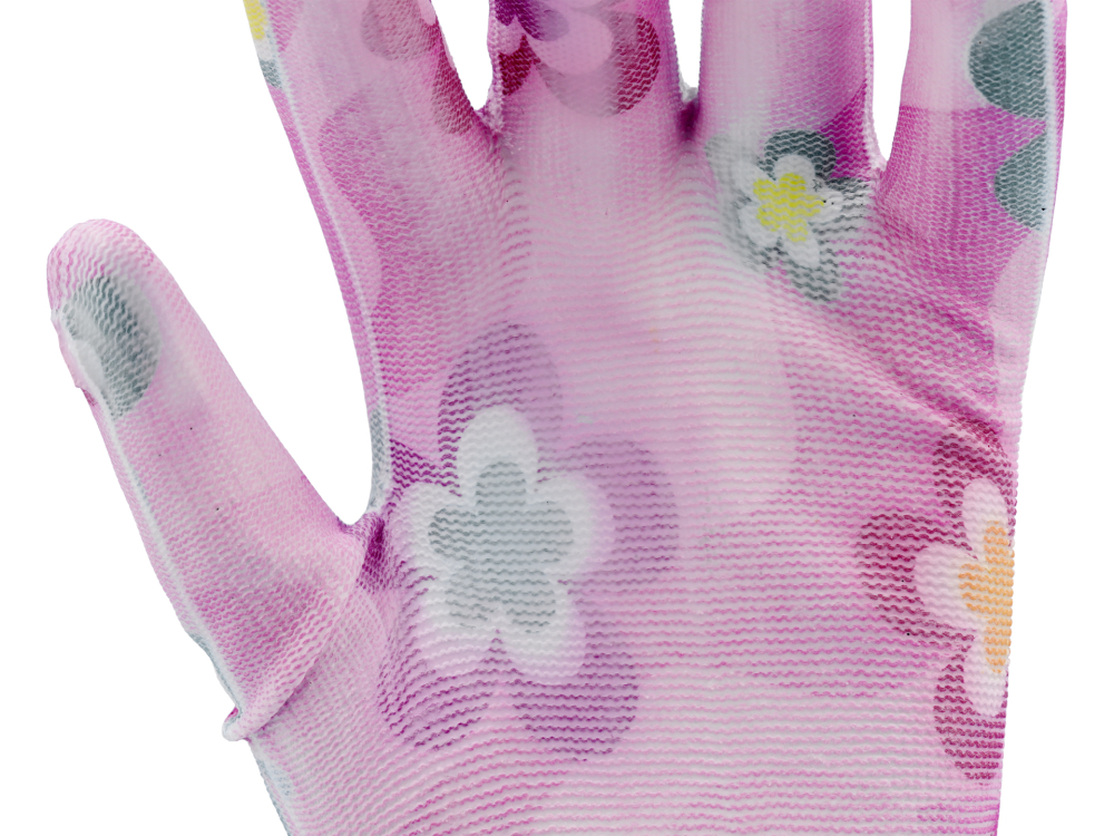 GARDEN POLYESTER GLOVES WITH PU PALM COATING WITH LIGHT ROSE FLOWER PRINTING [6]