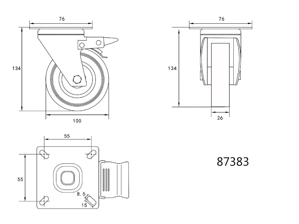 BRAKE SWIVEL CASTER WITH GREY RUBBER [2]