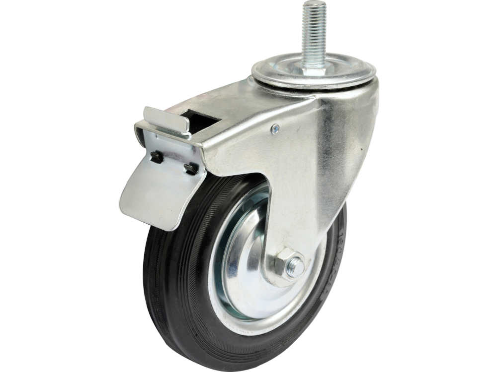 THREADED STEM DOUBLE BRAKE SWIVEL CASTER WITH BLACK RUBBER 160MM [2]