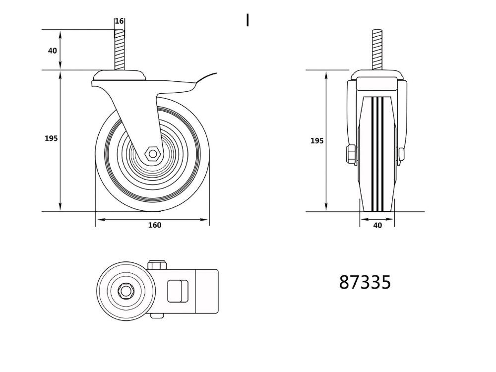 THREADED STEM DOUBLE BRAKE SWIVEL CASTER WITH BLACK RUBBER 160MM [3]
