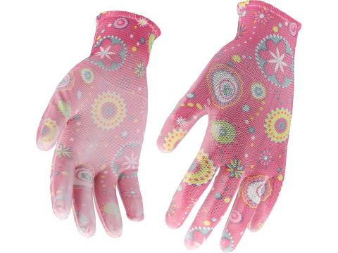 GARDEN POLYESTER GLOVES WITH PU PALM COATING WITH DARK ROSE FLOWERS PRINTING [1]