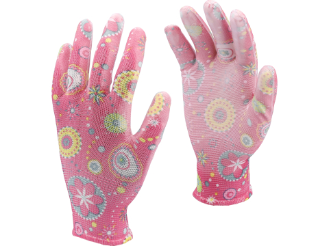 Protecție - GARDEN POLYESTER GLOVES WITH PU PALM COATING WITH DARK ROSE FLOWERS PRINTING