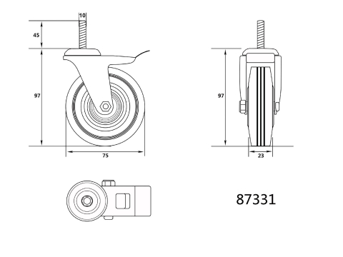 THREADED STEM DOUBLE BRAKE SWIVEL CASTER WITH BLACK RUBBER [1]