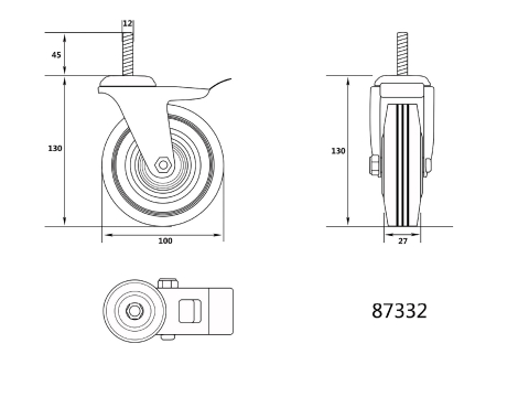THREADED STEM DOUBLE BRAKE SWIVEL CASTER WITH BLACK RUBBER [1]