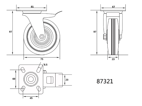 DOUBLE BRAKE SWIVEL CASTER WITH BLACK RUBBER [1]