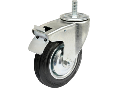 THREADED STEM DOUBLE BRAKE SWIVEL CASTER WITH BLACK RUBBER 160MM [1]