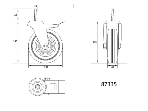 THREADED STEM DOUBLE BRAKE SWIVEL CASTER WITH BLACK RUBBER 160MM [2]