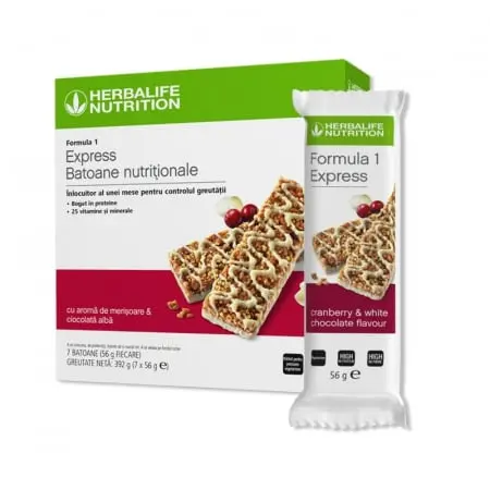 Gustari Herbalife - ​​Formula 1 Express Batoane Nutriționale cu aromă de Merișoare și Ciocolată Albă