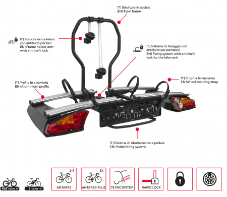 Suport biciclete Menabo Antares Plus pentru 3 biciclete cu prindere pe carligul de remorcare, pliabil [0]