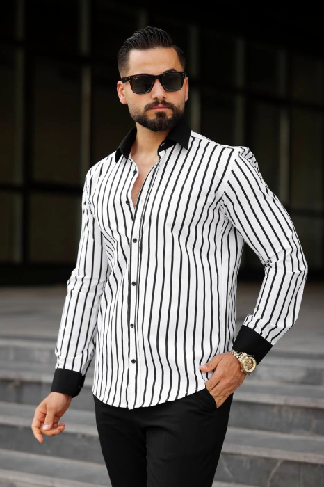 Camasa slim fit dungi cu mansete si guler negru [1]