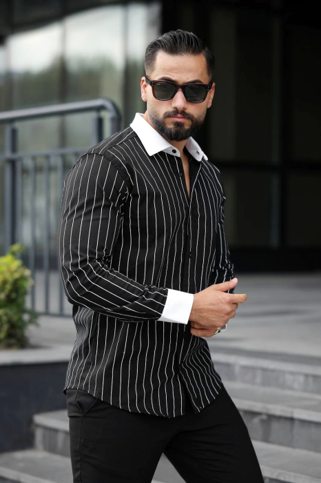 Camasa slim fit neagra cu guler alb si dungi elegante [1]