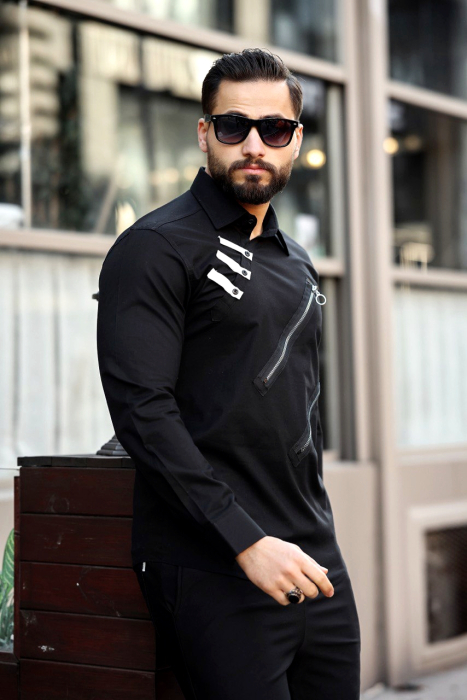 Camasa slim fit neagra cu fermoare decorative [1]