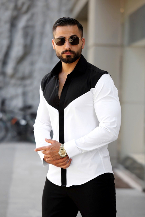Camasa slim fit alb-negru cu design in V [1]