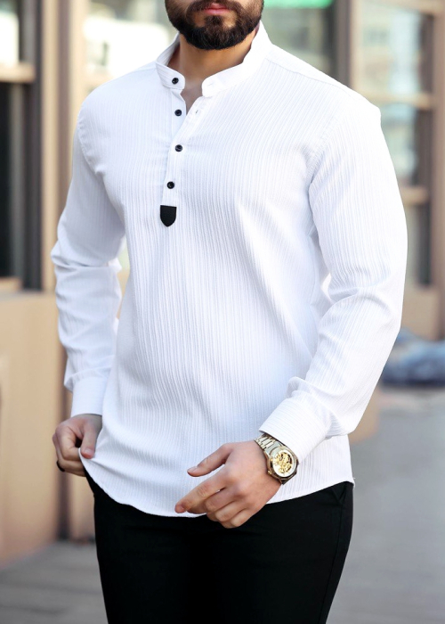 camasa alba nasturi pana la jumatate guler tunica [2]