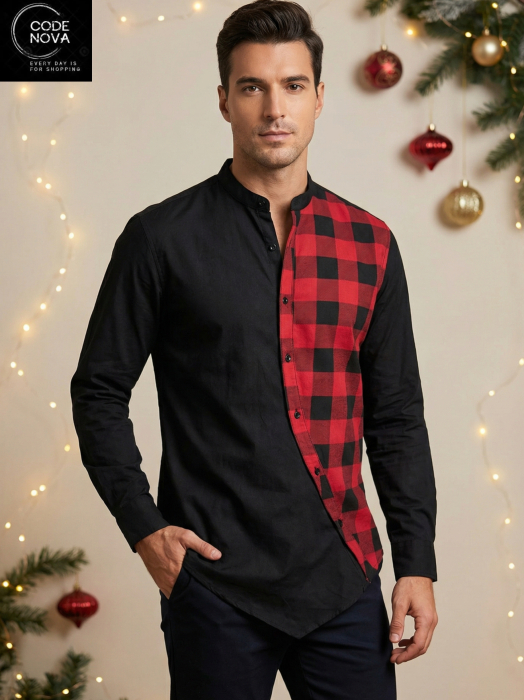 camasa barbati casual asimetrica neagra carouri rosu negru [2]