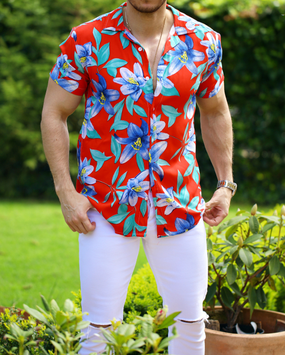 camasa barbati casual rosie imprimeu floral albastru [2]