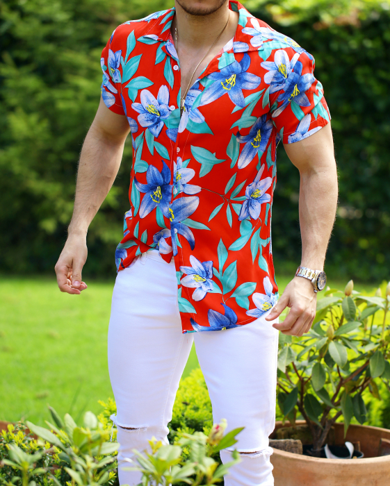 camasa barbati casual rosie imprimeu floral albastru [3]