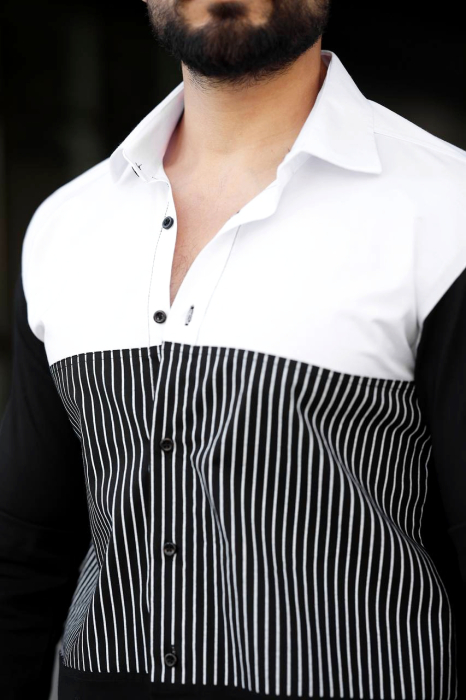 Camasa slim fit alb-negru cu dungi frontale [3]