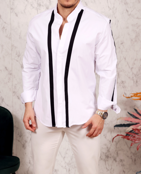 Camasa slim fit alb-negru cu insertii verticale [2]