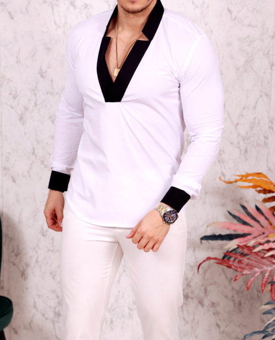 Camasa slim fit alba cu guler negru tunica [3]