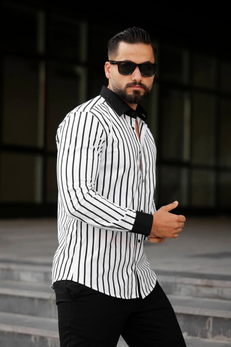 Camasa slim fit dungi cu mansete si guler negru [2]