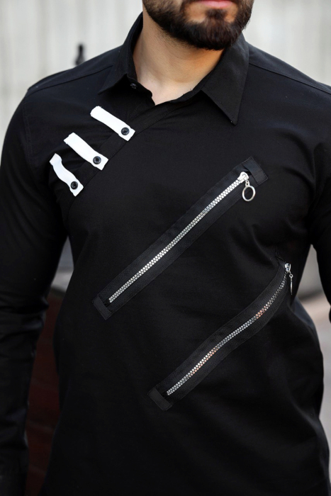 Camasa slim fit neagra cu fermoare decorative [2]
