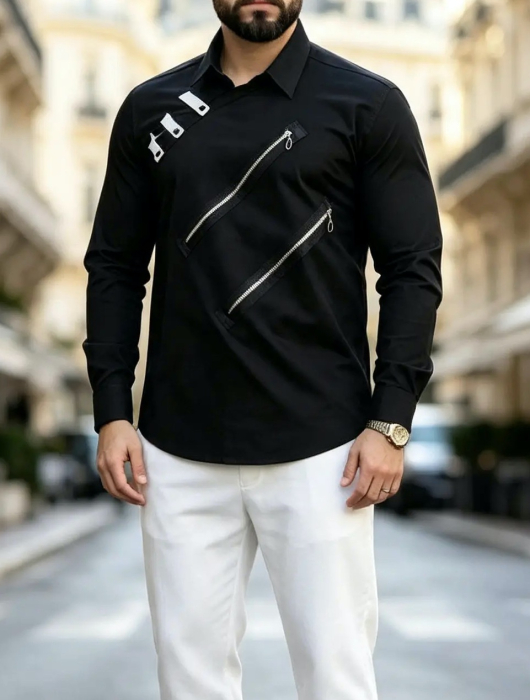 Camasa slim fit neagra cu fermoare decorative [2]