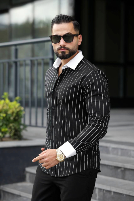 Camasa slim fit neagra cu guler alb si dungi elegante [2]