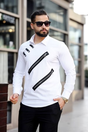 Camasi Luxury - Camasa slim fit alba cu fermoare negre