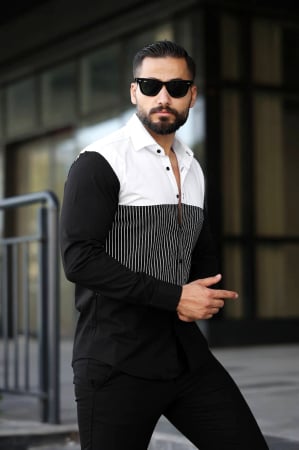 Camasi Luxury - Camasa slim fit alb-negru cu dungi frontale