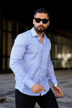Camasi Luxury - Camasa slim fit bleu cu dungi verticale