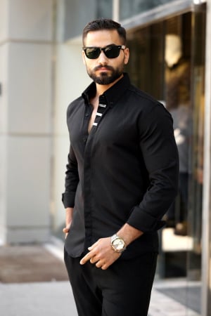Camasi Luxury - Camasa slim fit neagra cu detalii metalice elegante