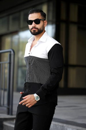 Camasa slim fit alb-negru cu dungi frontale [1]