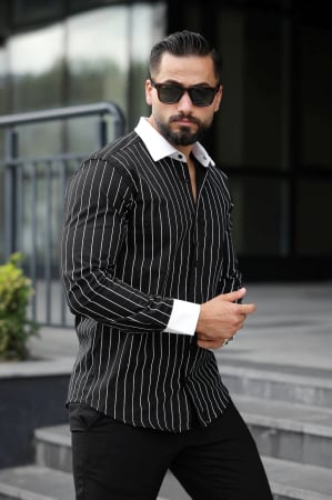 Camasi Luxury - Camasa slim fit neagra cu guler alb si dungi elegante