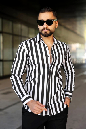 Camasi Luxury - Camasa dungi verticale alb-negru