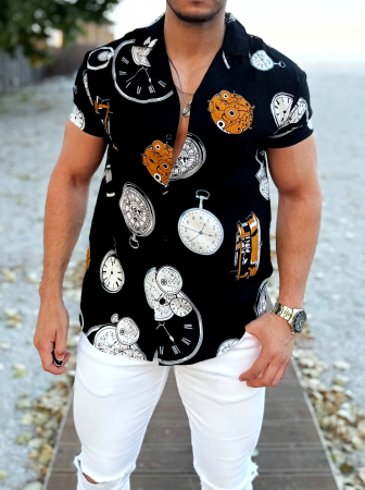 CAMASI - camasa neagra maneca scurta ceasuri