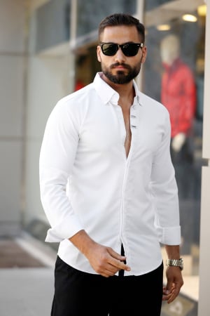 Camasi Luxury - Camasa slim fit alba nasturi argintii