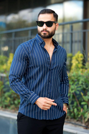 Camasi Luxury - Camasa barbateasca navy slim fit cu dungi fine