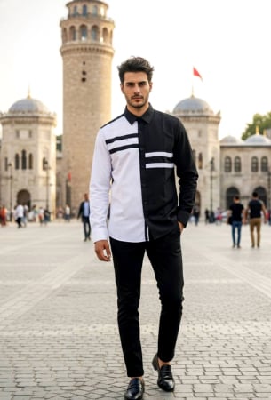 Camasi Luxury - Camasa slim fit alb-negru cu design modern