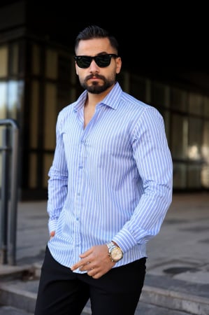 Camasi Luxury - Camasa slim fit bleu cu dungi verticale