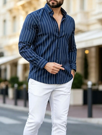 Camasi Luxury - Camasa barbateasca navy slim fit cu dungi fine