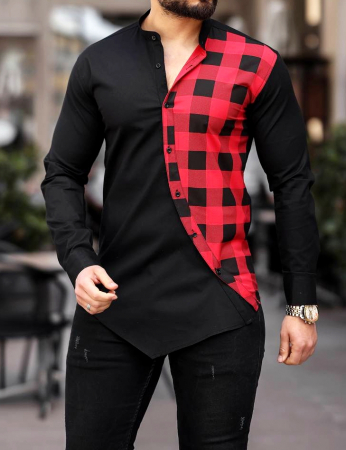 camasa barbati casual asimetrica neagra carouri rosu negru [2]