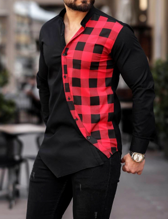CAMASI - camasa barbati casual asimetrica neagra carouri rosu negru