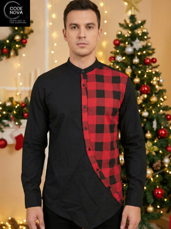 Camasi Luxury - camasa barbati casual asimetrica neagra carouri rosu negru