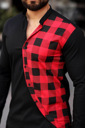 camasa barbati casual asimetrica neagra carouri rosu negru [1]