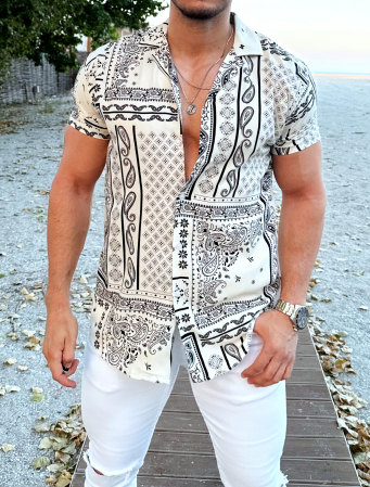CAMASI - camasa barbati casual maneca scurta alba forme gri