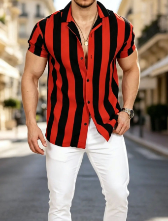 Camasi Luxury - camasa dungi rosu negru maneca scurta